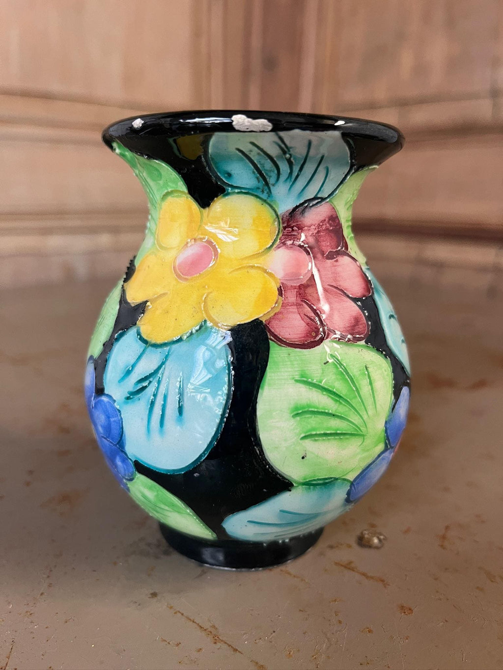 Petit Vase Boule Vintage Vallauris – Décor Floral Peint Main – Années 50/60