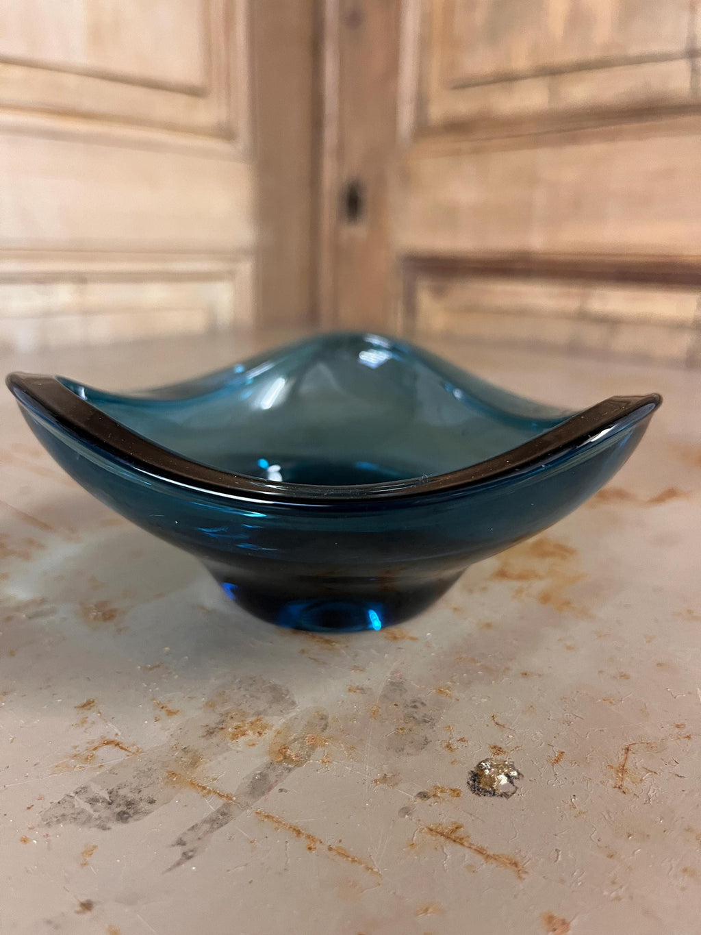 Cendrier Vide-Poches en Verre de Murano Bleu Canard – Forme Vague – Italie 60/70