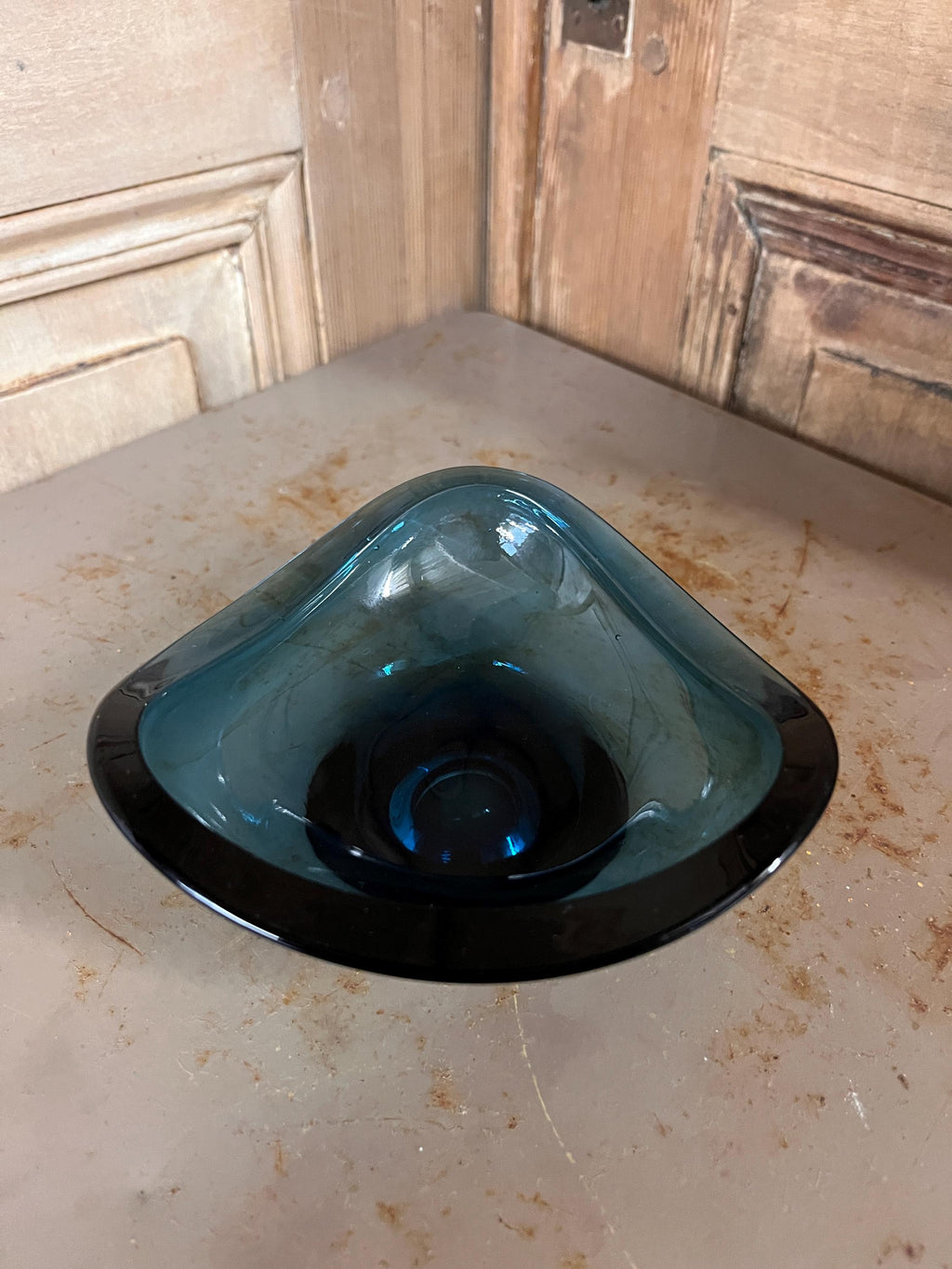 Cendrier Vide-Poches en Verre de Murano Bleu Canard – Forme Vague – Italie 60/70