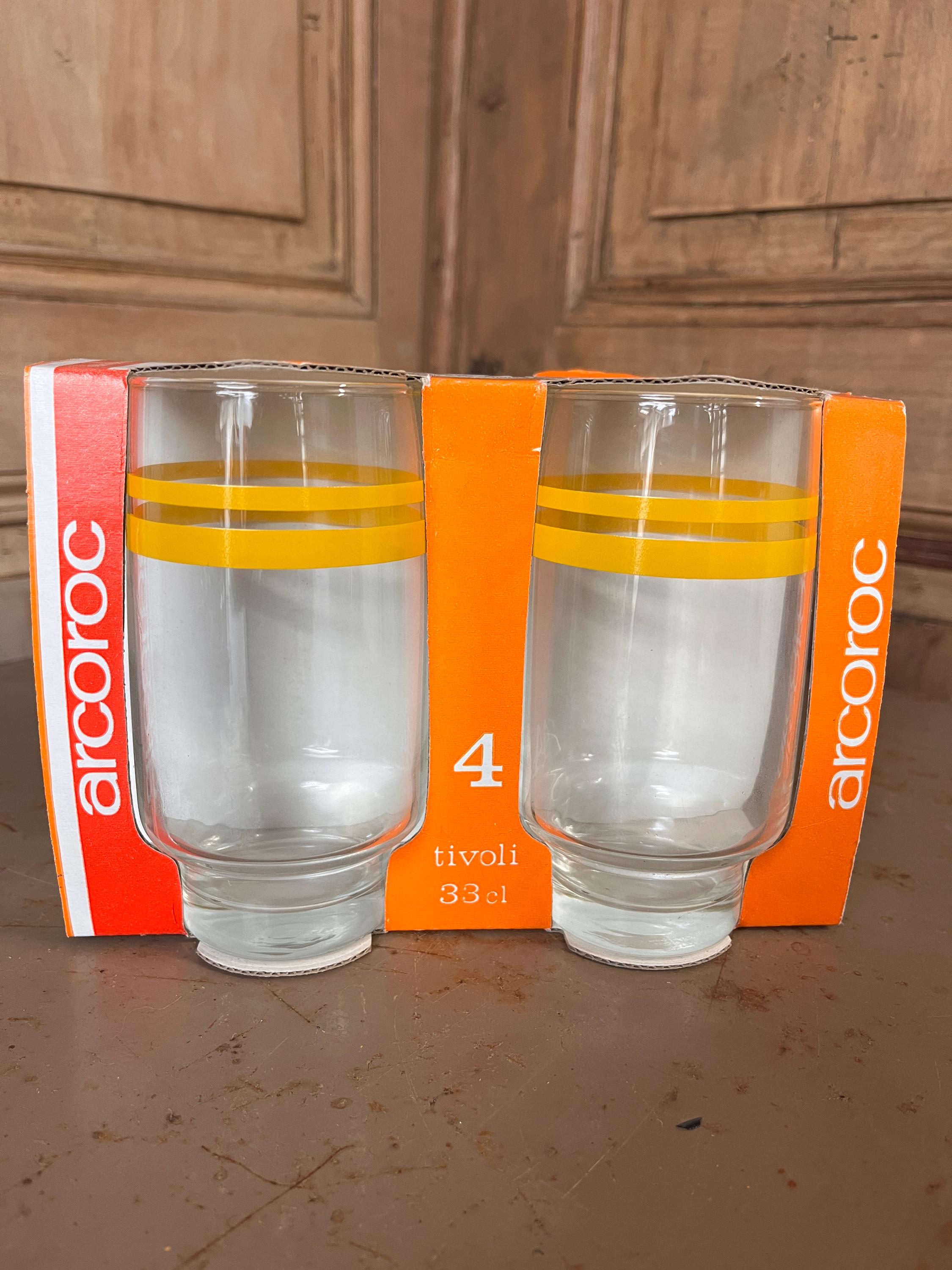 Set de 4 Grands Verres Vintage ARCOROC "Tivoli" Neufs d'Époque (NOS) – 33 cl – En Boîte
